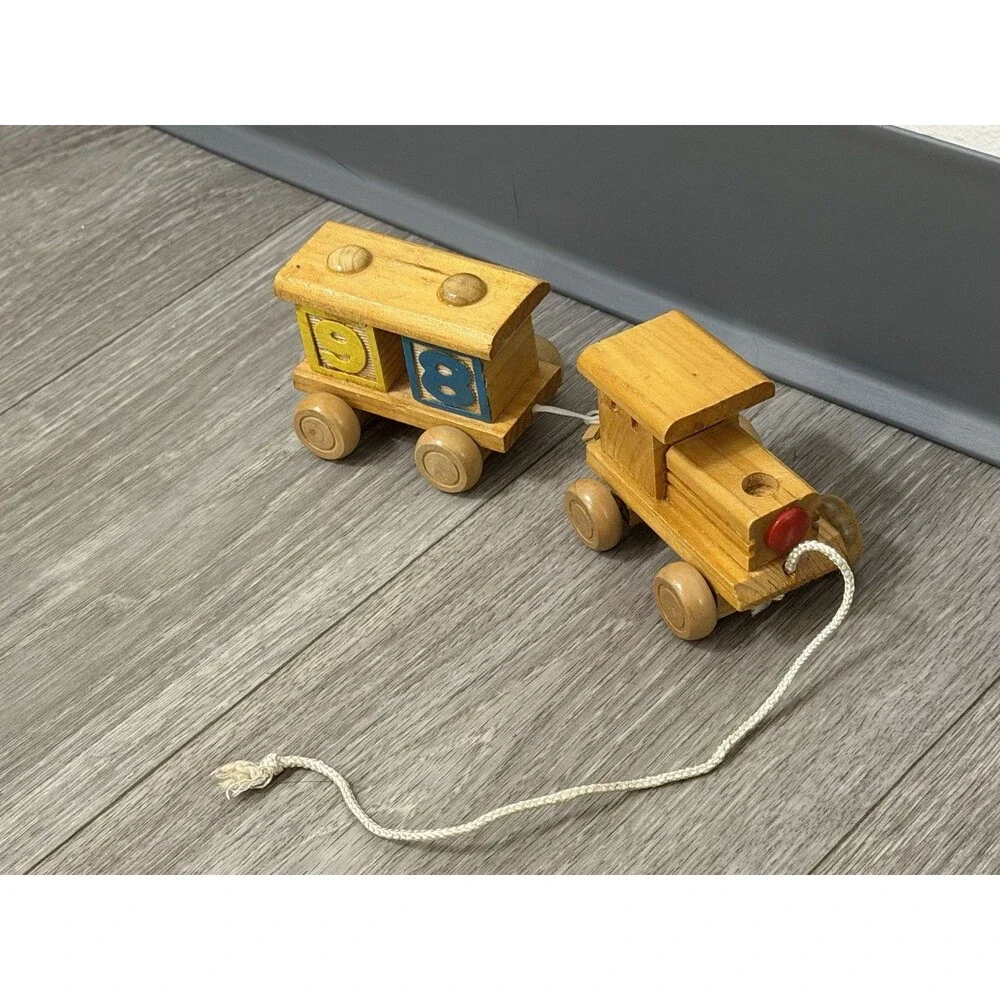 VINTAGE HAND MADE WOODEN TRAIN & CAR WITH BLOCKS STURDY Pull Toy